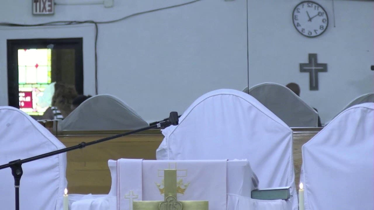The altar and chancel of Mount Carmel AME Church, prepared for Sunday worship
